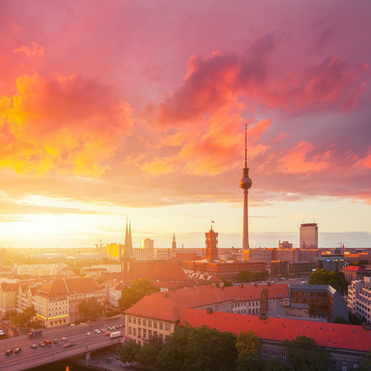 Berlin skyline in a cloudy sunset