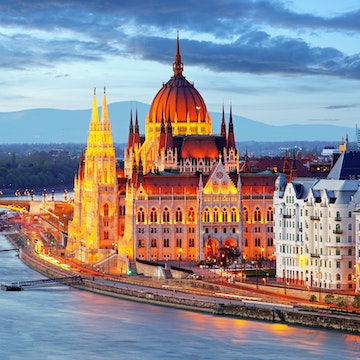 Hungarian Parliament Building at night.