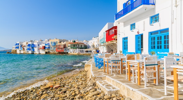 White tavern buildings on the coast in the Little Venice part of Mykonos Town.